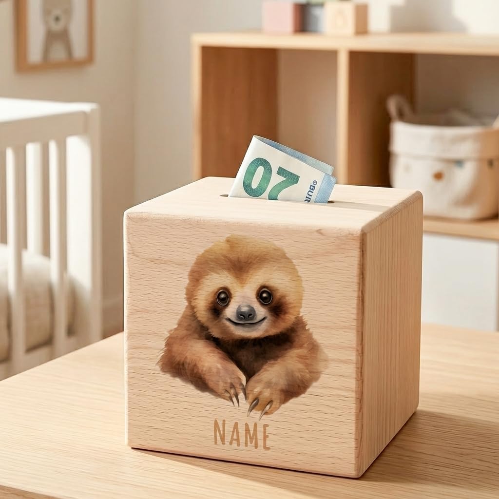Faultier Spardose für Kinder personalisiert Sparbox aus Holz Sparschwein mit Schlüssel Taufgeschenk für Jungen und Mädchen