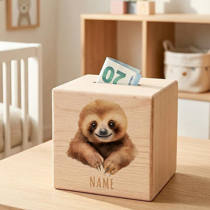 Faultier Spardose für Kinder personalisiert Sparbox aus Holz Sparschwein mit Schlüssel Taufgeschenk für Jungen und Mädchen
