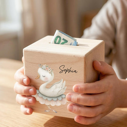 Spardose für Mädchen personalisierte Sparbox aus Holz mit Gans Geldgeschenk für Kinder