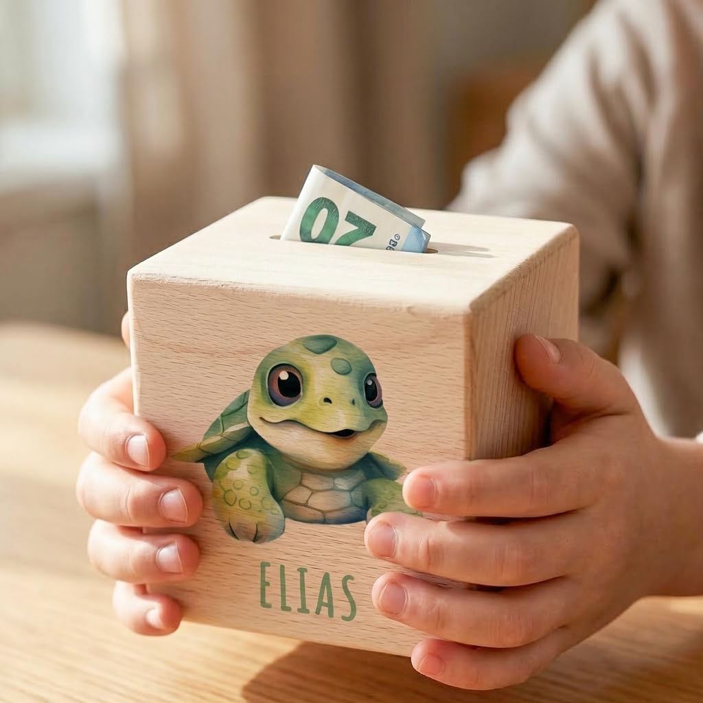 Schildkröte Spardose für Kinder personalisiert Sparbox aus Holz Sparschwein mit Schlüssel Taufgeschenk für Jungen und Mädchen
