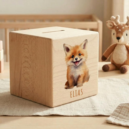 Fuchs Spardose für Kinder personalisiert Sparbox aus Holz Sparschwein mit Schlüssel Taufgeschenk für Jungen und Mädchen