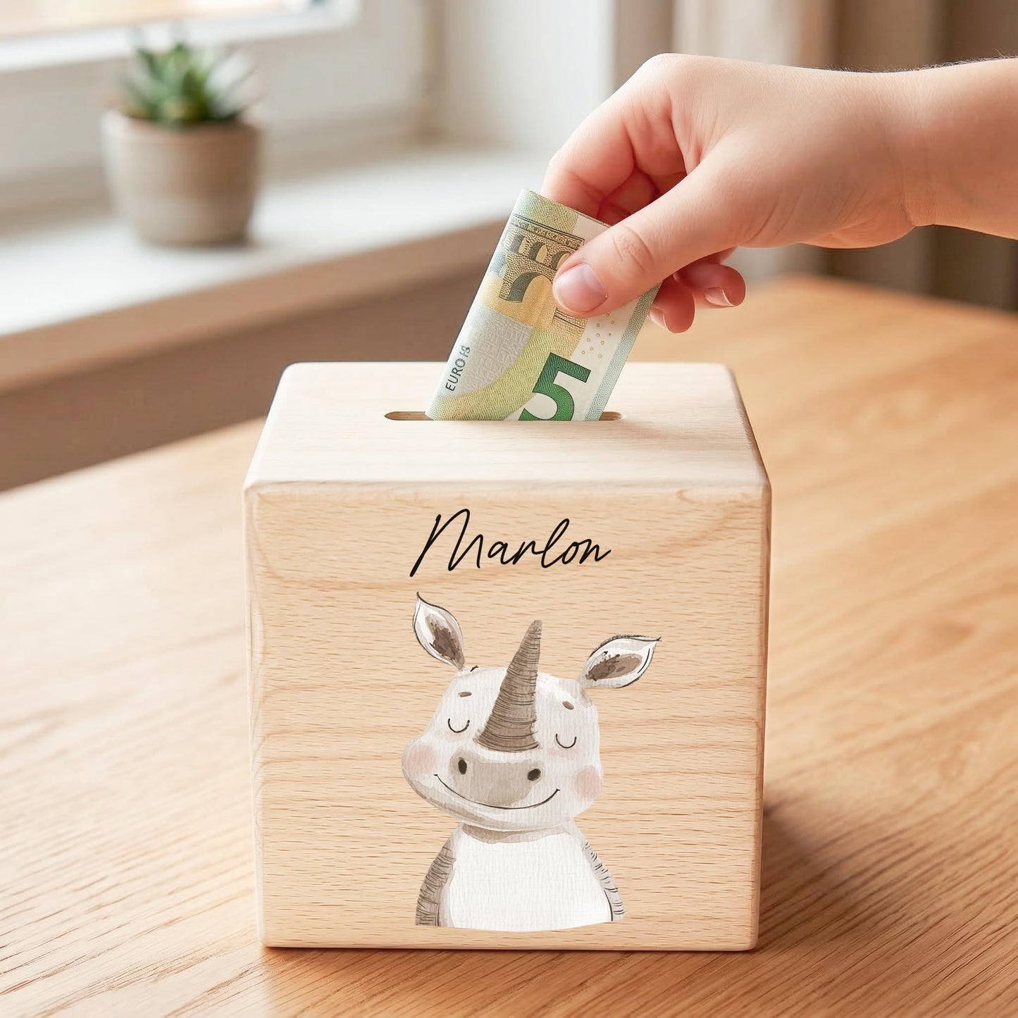 Spardose für Kinder Nashorn personalisiert Safari Tiere Sparbox aus Holz Sparschwein mit Schlüssel Taufgeschenk für Jungen & Mädchen