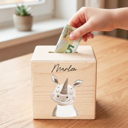 Spardose für Kinder Nashorn personalisiert Safari Tiere Sparbox aus Holz Sparschwein mit Schlüssel Taufgeschenk für Jungen & Mädchen