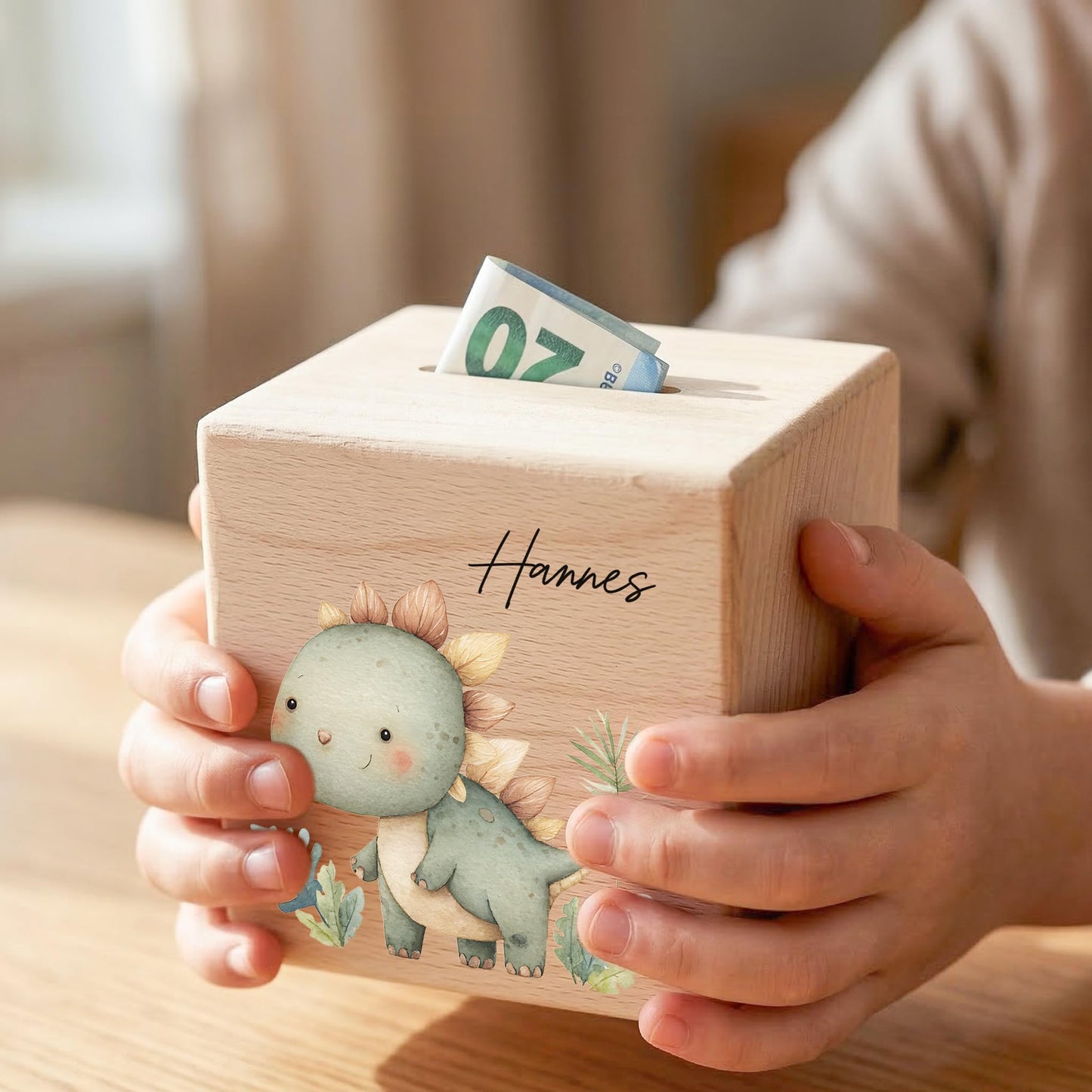 Spardose Dino für Jungen personalisierte Sparbox aus Holz Sparschwein für Kinder V4