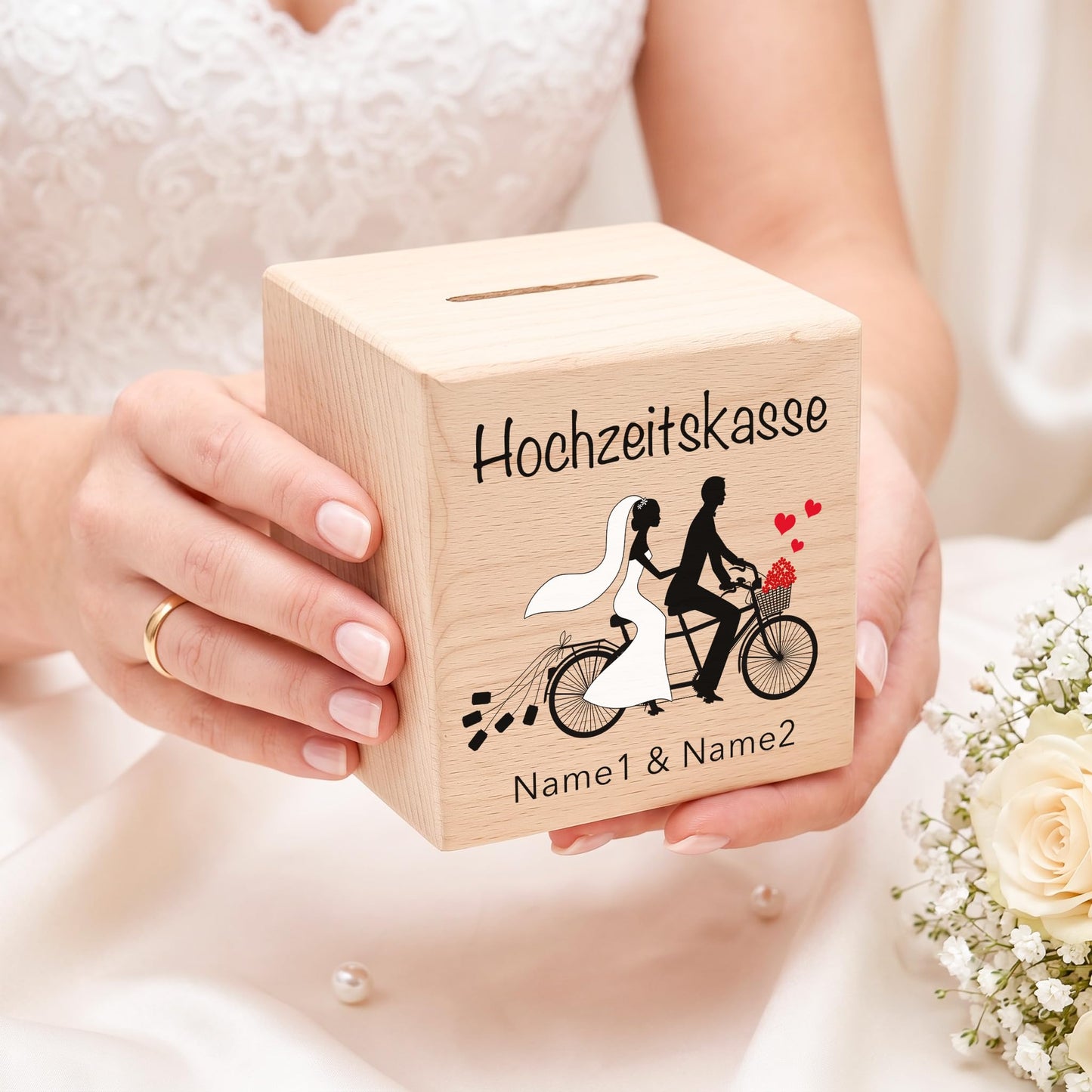 Geldgeschenk zur Hochzeit personalisierte Spardose aus Holz Tandem Hochzeitsgeschenk für Brautpaar