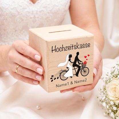 Geldgeschenk zur Hochzeit personalisierte Spardose aus Holz Tandem Hochzeitsgeschenk für Brautpaar