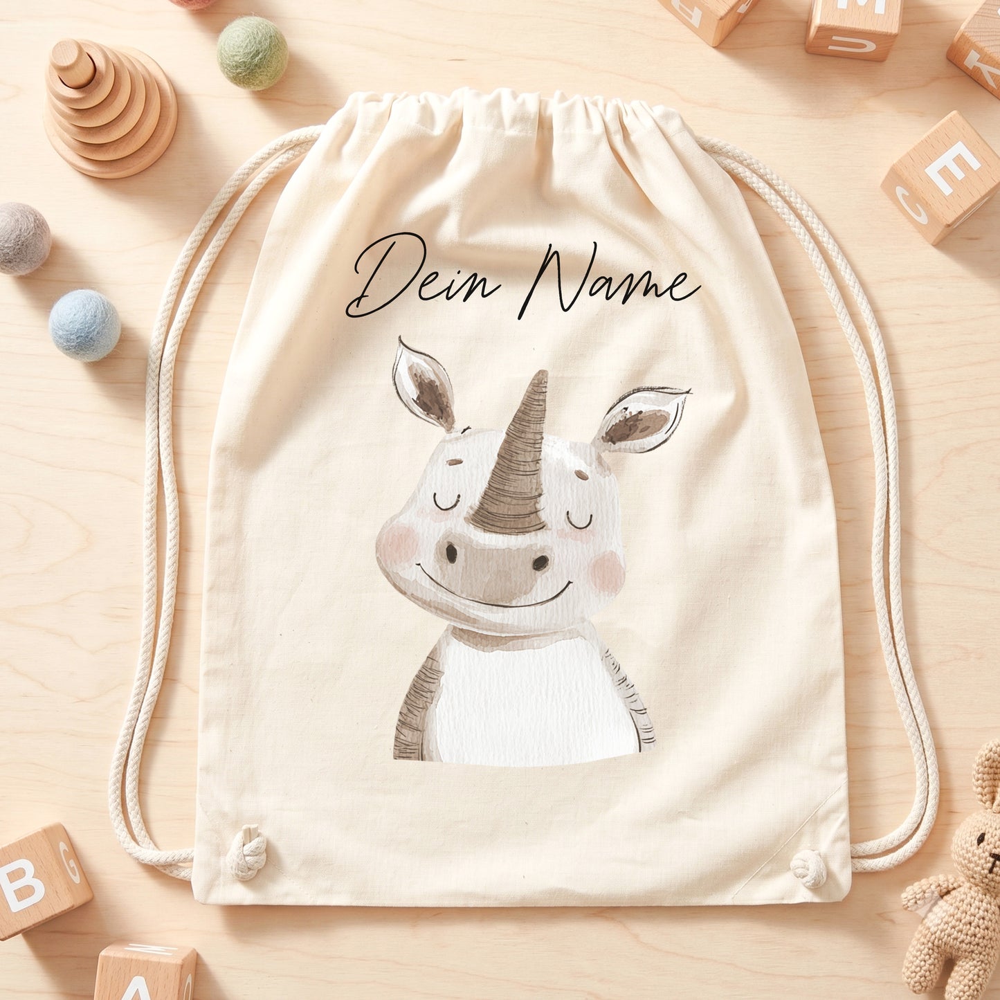 Nashorn Turnbeutel für Kinder personalisierter Sportbeutel für den Kindergarten Stoffbeutel mit Kordelzug