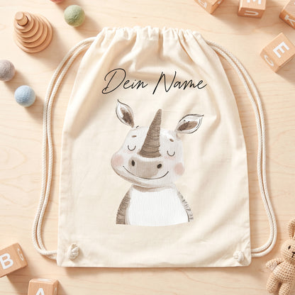 Nashorn Turnbeutel für Kinder personalisierter Sportbeutel für den Kindergarten Stoffbeutel mit Kordelzug