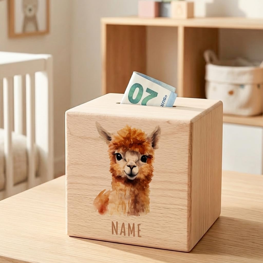 Alpaka Spardose für Kinder personalisiert Sparbox aus Holz Sparschwein mit Schlüssel Taufgeschenk für Jungen und Mädchen