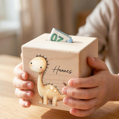 Spardose Dino für Jungen personalisierte Sparbox aus Holz Sparschwein für Kinder V1