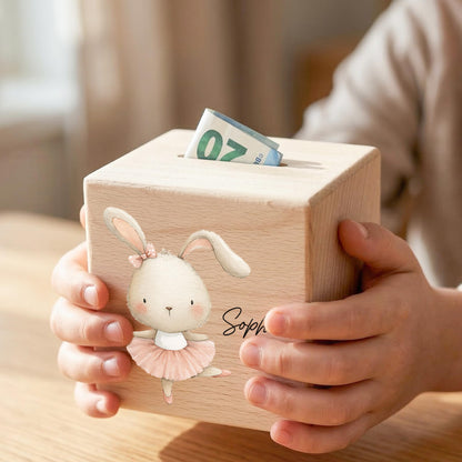 Spardose für Mädchen personalisierte Sparbox aus Holz mit Hase Geldgeschenk für Kinder
