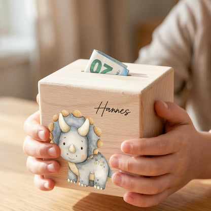 Spardose Dino für Jungen personalisierte Sparbox aus Holz Sparschwein für Kinder V8