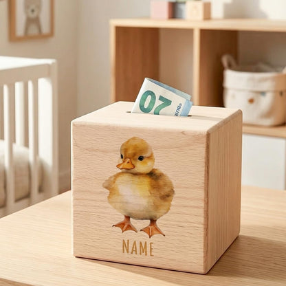 Ente Spardose für Kinder personalisiert Sparbox aus Holz Sparschwein mit Schlüssel Taufgeschenk für Jungen und Mädchen