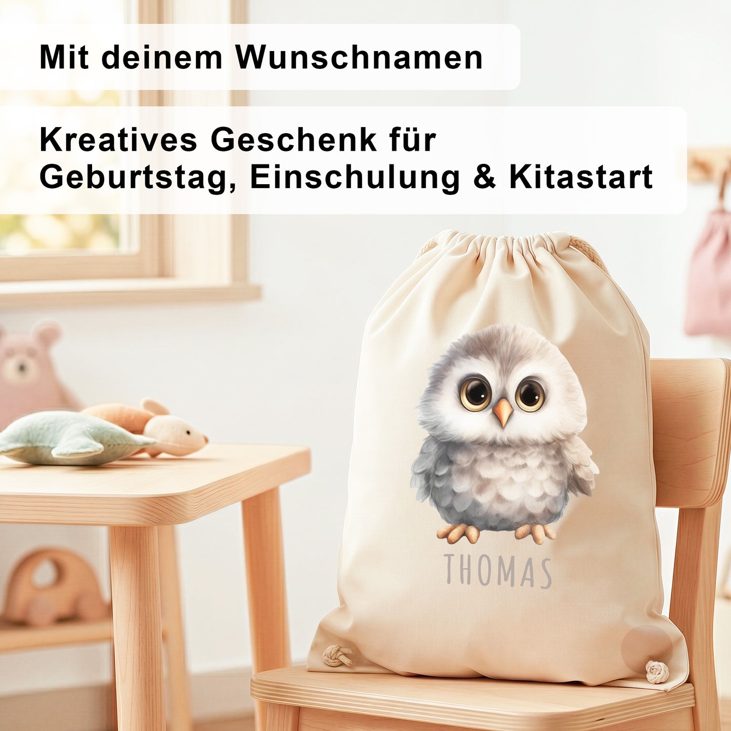 Eule Turnbeutel Kinder personalisierter Sportbeutel für den Kindergarten Stoffbeutel mit Kordelzug