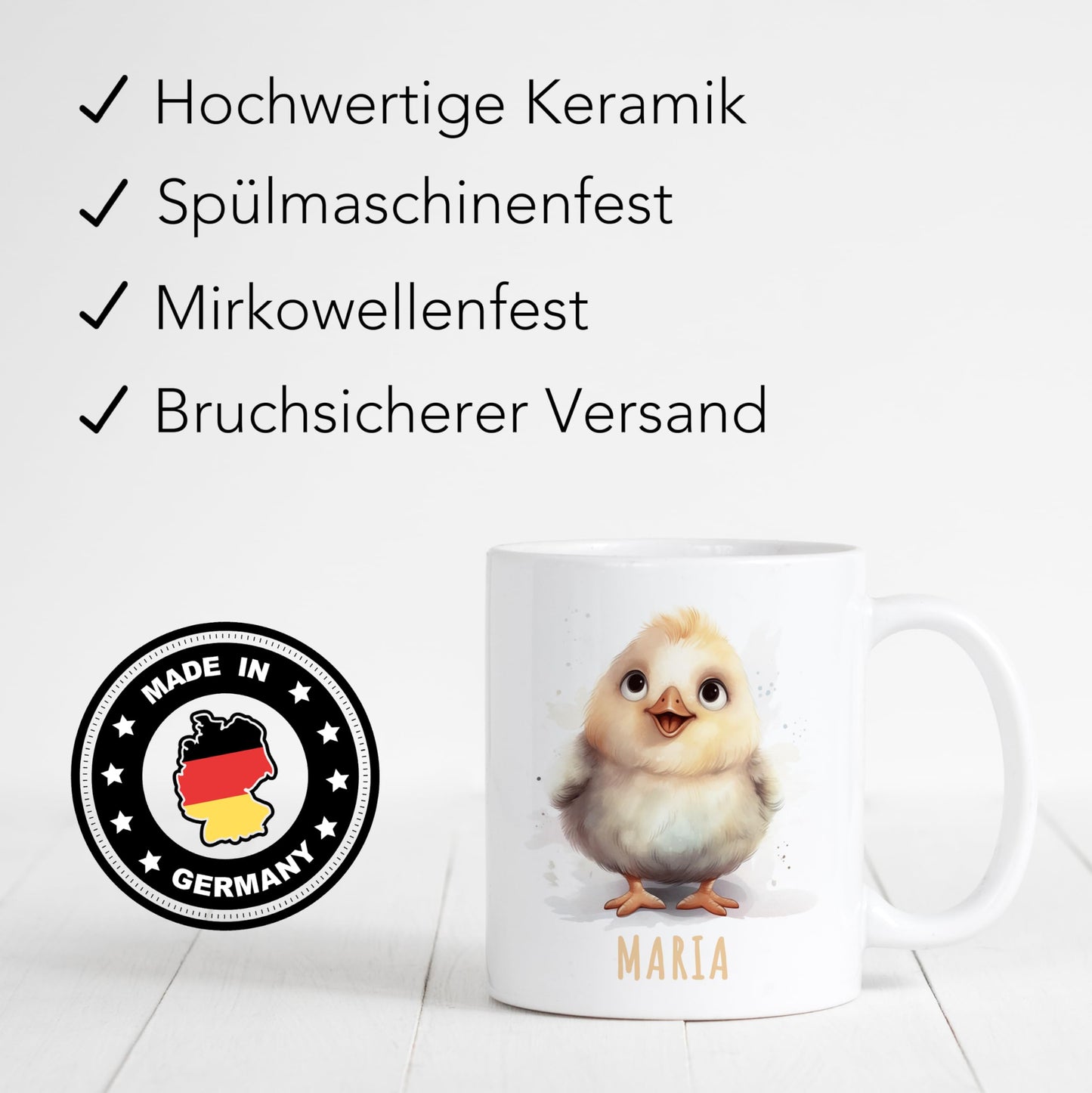 Huhn Tasse personalisierte Kindertasse mit Namen Huhntasse Namenstasse süßes Kinder Geschenk für Jungen & Mädchen Kaffeetasse Teetasse aus Keramik 330 ml