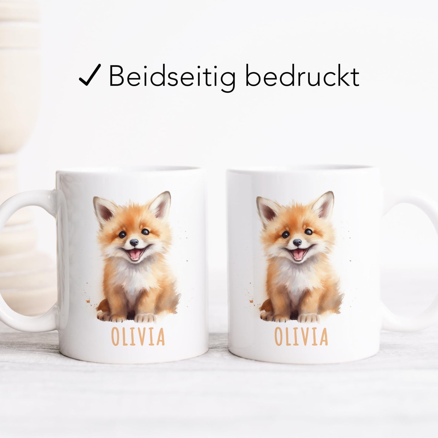 Fuchs Tasse personalisierte Kindertasse mit Namen Fuchstasse Namenstasse süßes Kinder Geschenk für Jungen & Mädchen Kaffeetasse Teetasse aus Keramik 330 ml (Fuchs)