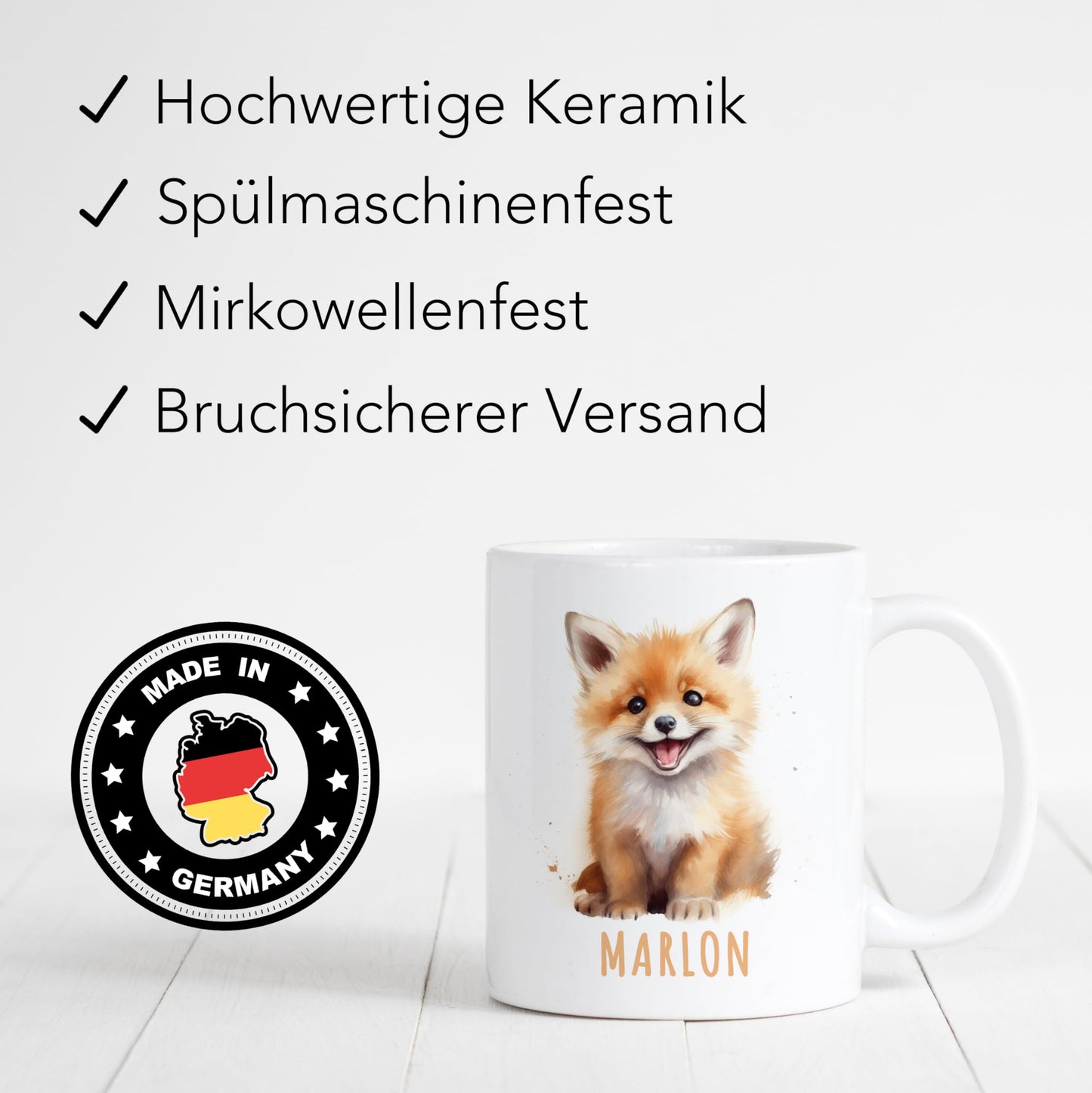 Fuchs Tasse personalisierte Kindertasse mit Namen Fuchstasse Namenstasse süßes Kinder Geschenk für Jungen & Mädchen Kaffeetasse Teetasse aus Keramik 330 ml (Fuchs)