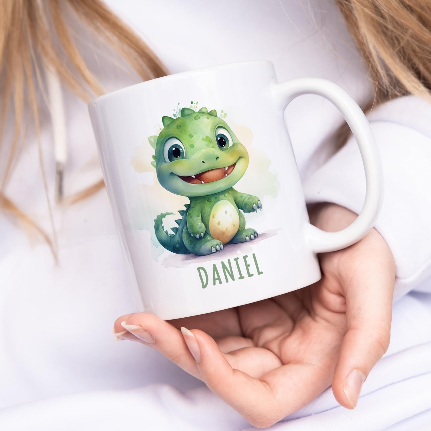 Dino Tasse personalisierte Kindertasse mit Namen Dinotasse Dinosaurier Namenstasse süßes Kinder Geschenk für Jungen & Mädchen Kaffeetasse Teetasse aus Keramik 330 ml