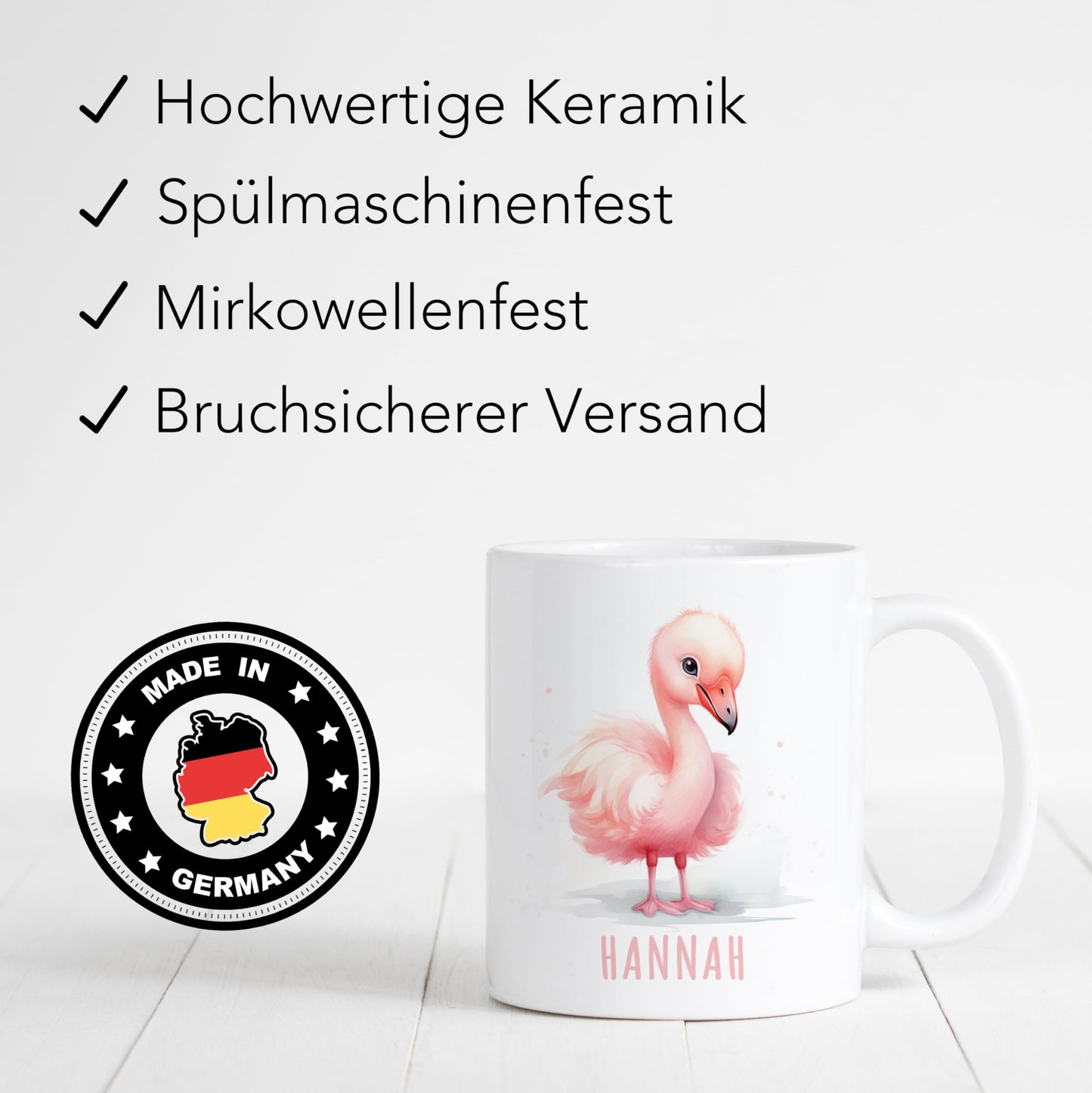 Flamingo Tasse personalisierte Kindertasse mit Namen Flamingotasse Namenstasse süßes Kinder Geschenk für Jungen & Mädchen Kaffeetasse Teetasse aus Keramik 330 ml