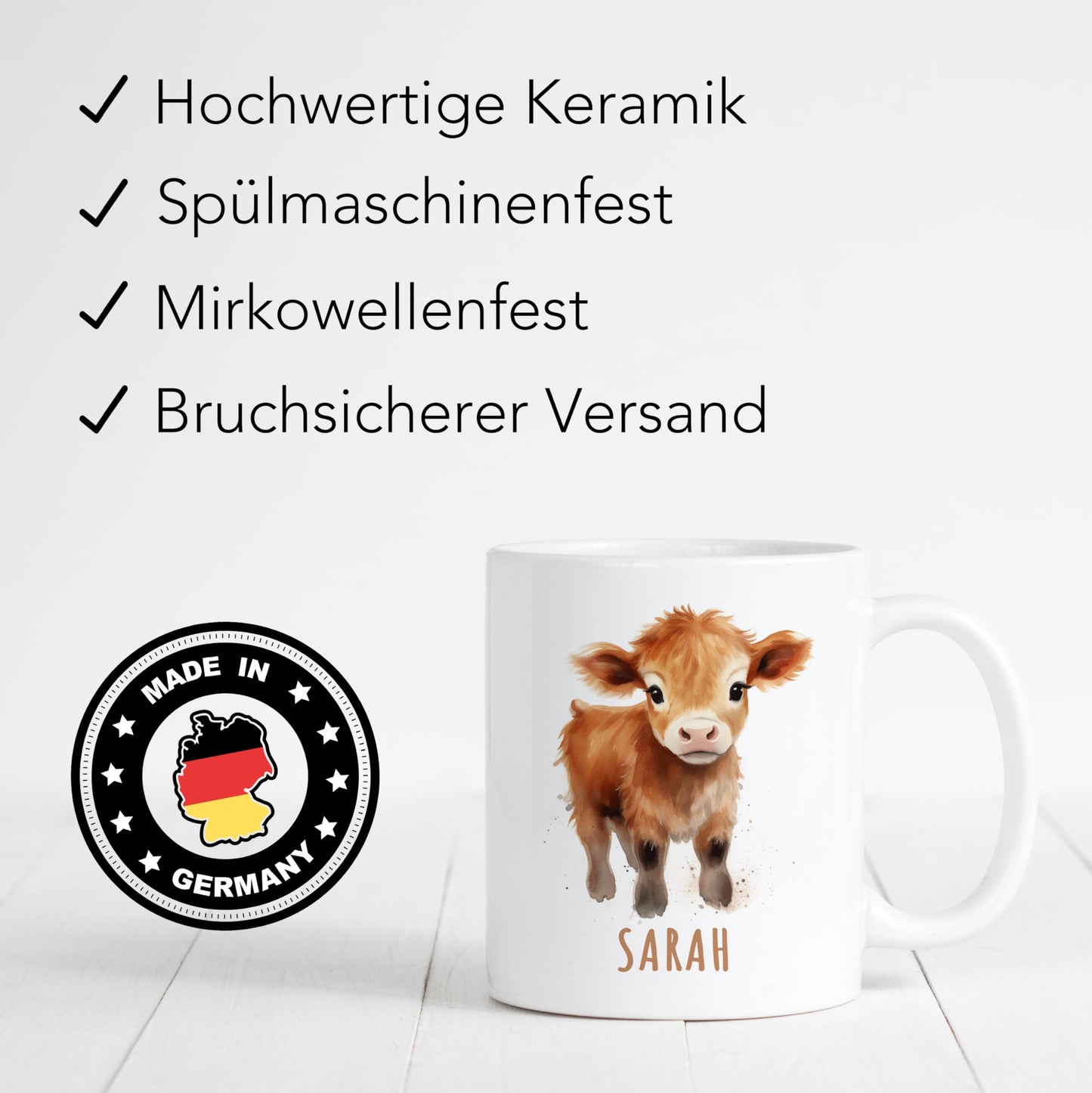 Kuh Tasse personalisierte Kindertasse mit Namen Kuhtasse Namenstasse süßes Kinder Geschenk für Jungen & Mädchen Kaffeetasse Teetasse aus Keramik 330 ml (Kuh)