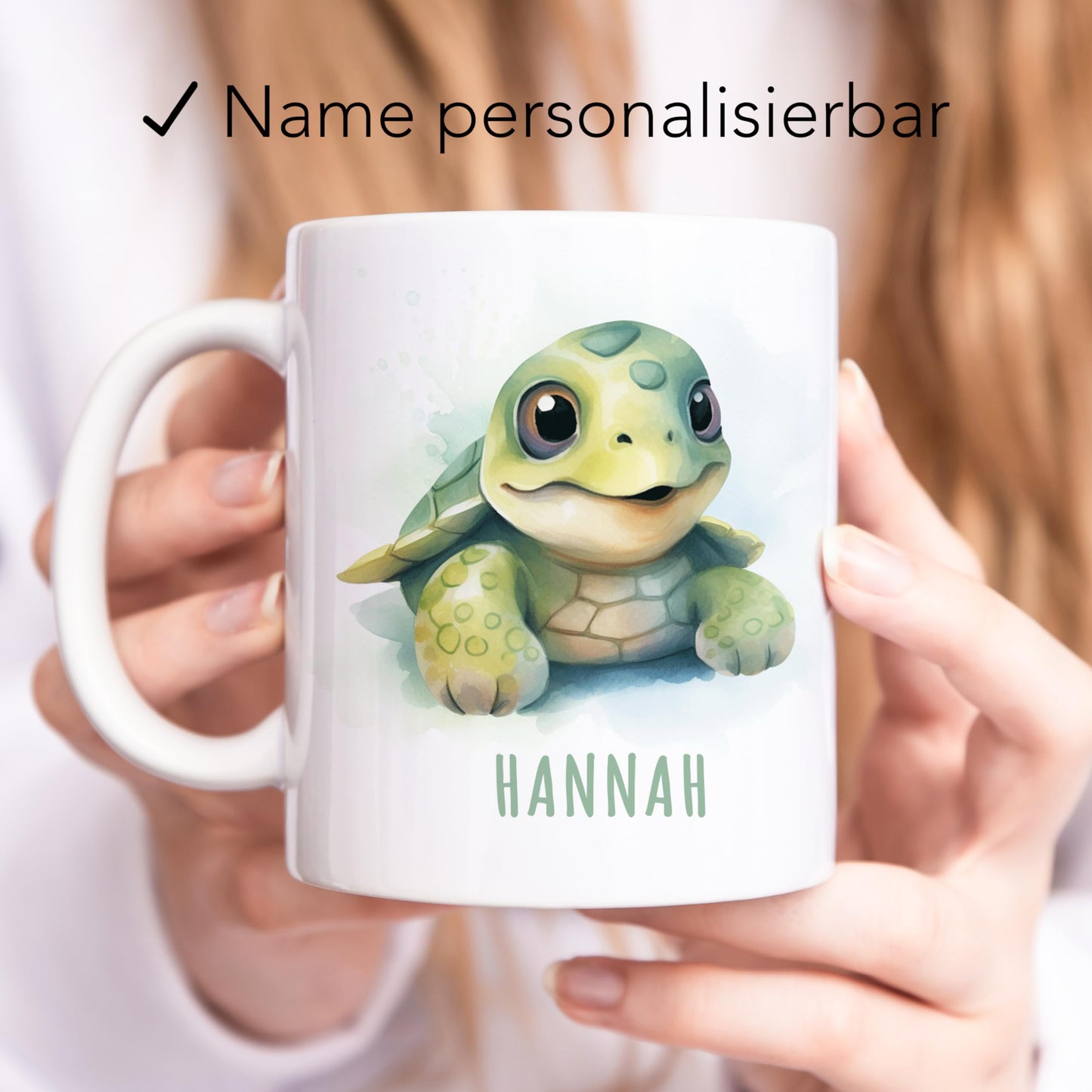 Schildkröte Tasse personalisierte Kindertasse mit Namen Schildkrötentasse Namenstasse süßes Kinder Geschenk für Jungen & Mädchen Kaffeetasse Teetasse aus Keramik 330 ml