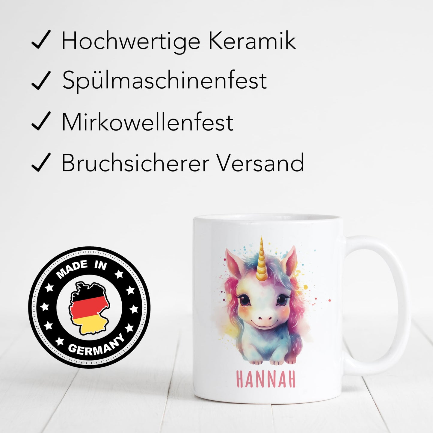 Einhorn Tasse personalisierte Kindertasse mit Namen Einhorntasse Namenstasse süßes Kinder Geschenk für Jungen & Mädchen Kaffeetasse Teetasse aus Keramik 330 ml