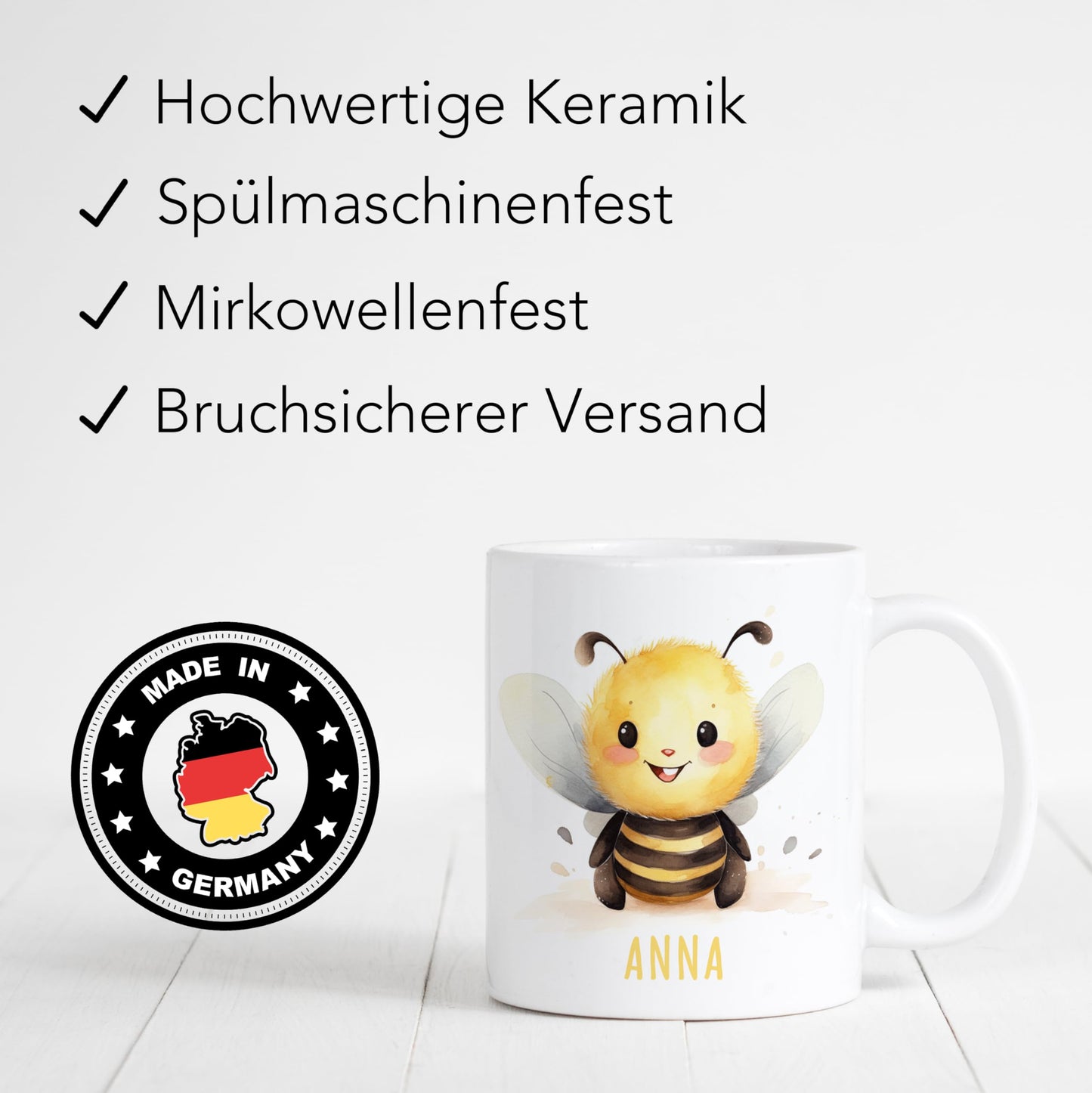 Biene Tasse personalisierte Kindertasse mit Namen Bienentasse Namenstasse süßes Kinder Geschenk für Jungen & Mädchen Kaffeetasse Teetasse aus Keramik 330 ml