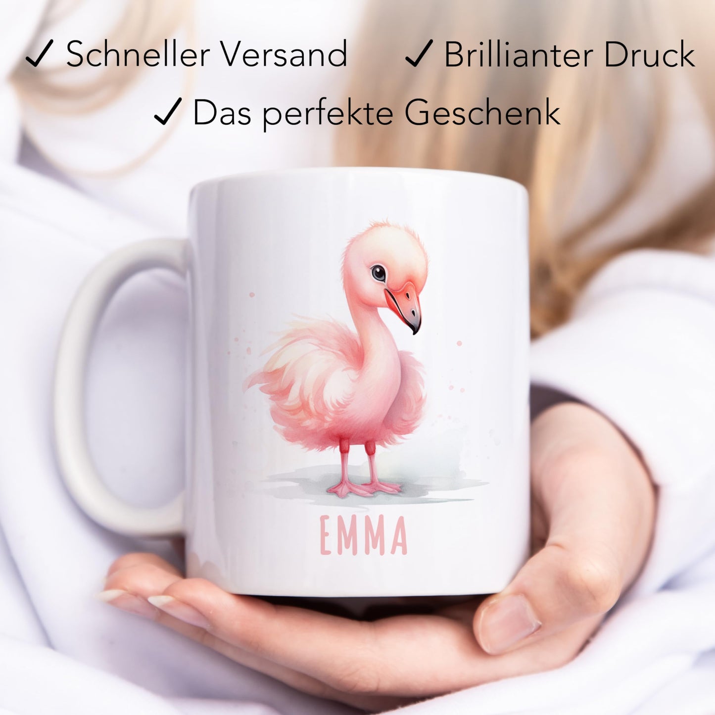 Flamingo Tasse personalisierte Kindertasse mit Namen Flamingotasse Namenstasse süßes Kinder Geschenk für Jungen & Mädchen Kaffeetasse Teetasse aus Keramik 330 ml