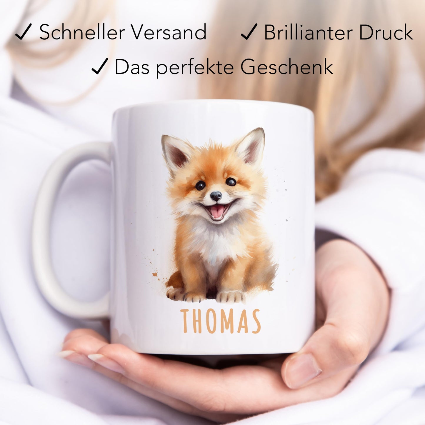 Fuchs Tasse personalisierte Kindertasse mit Namen Fuchstasse Namenstasse süßes Kinder Geschenk für Jungen & Mädchen Kaffeetasse Teetasse aus Keramik 330 ml (Fuchs)