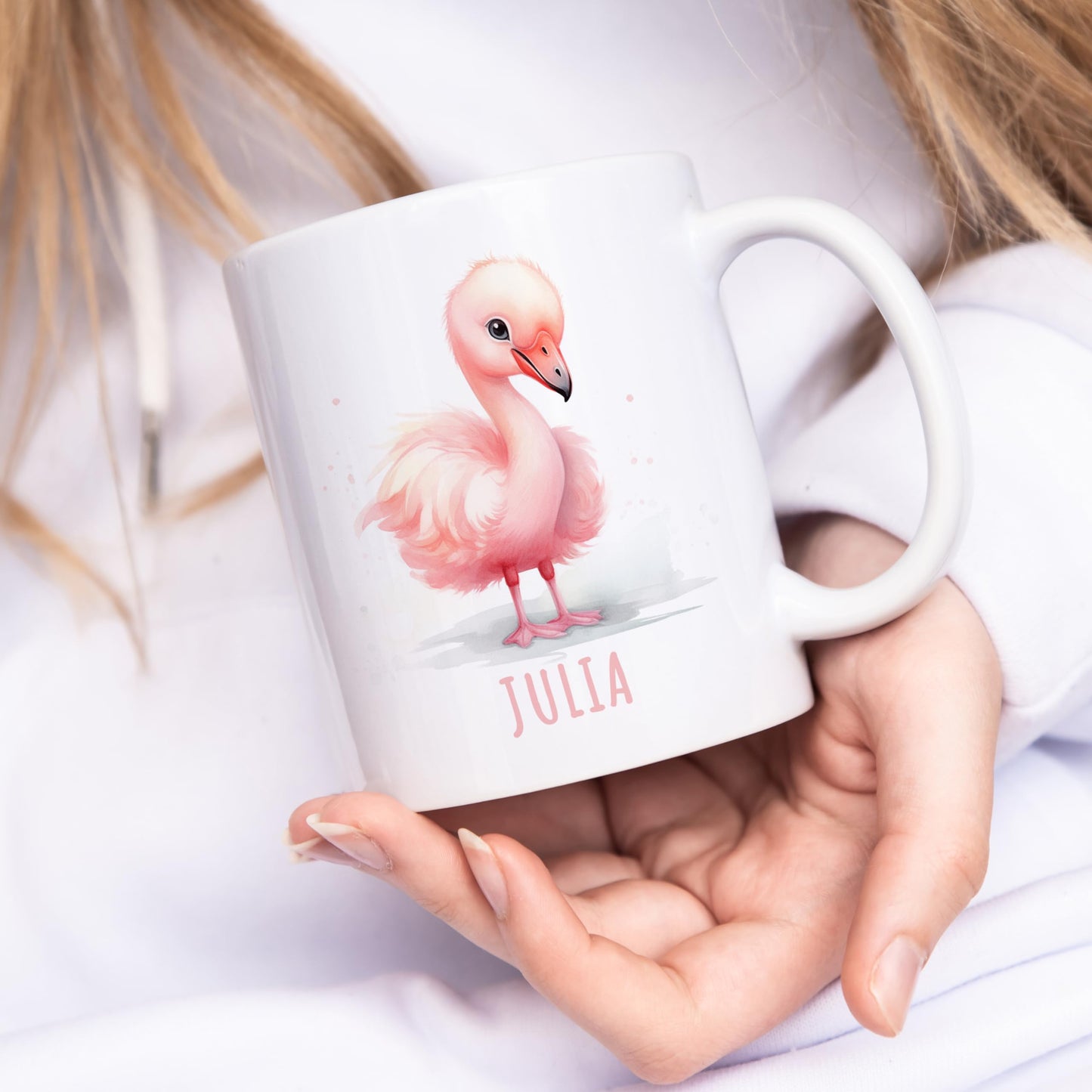 Flamingo Tasse personalisierte Kindertasse mit Namen Flamingotasse Namenstasse süßes Kinder Geschenk für Jungen & Mädchen Kaffeetasse Teetasse aus Keramik 330 ml