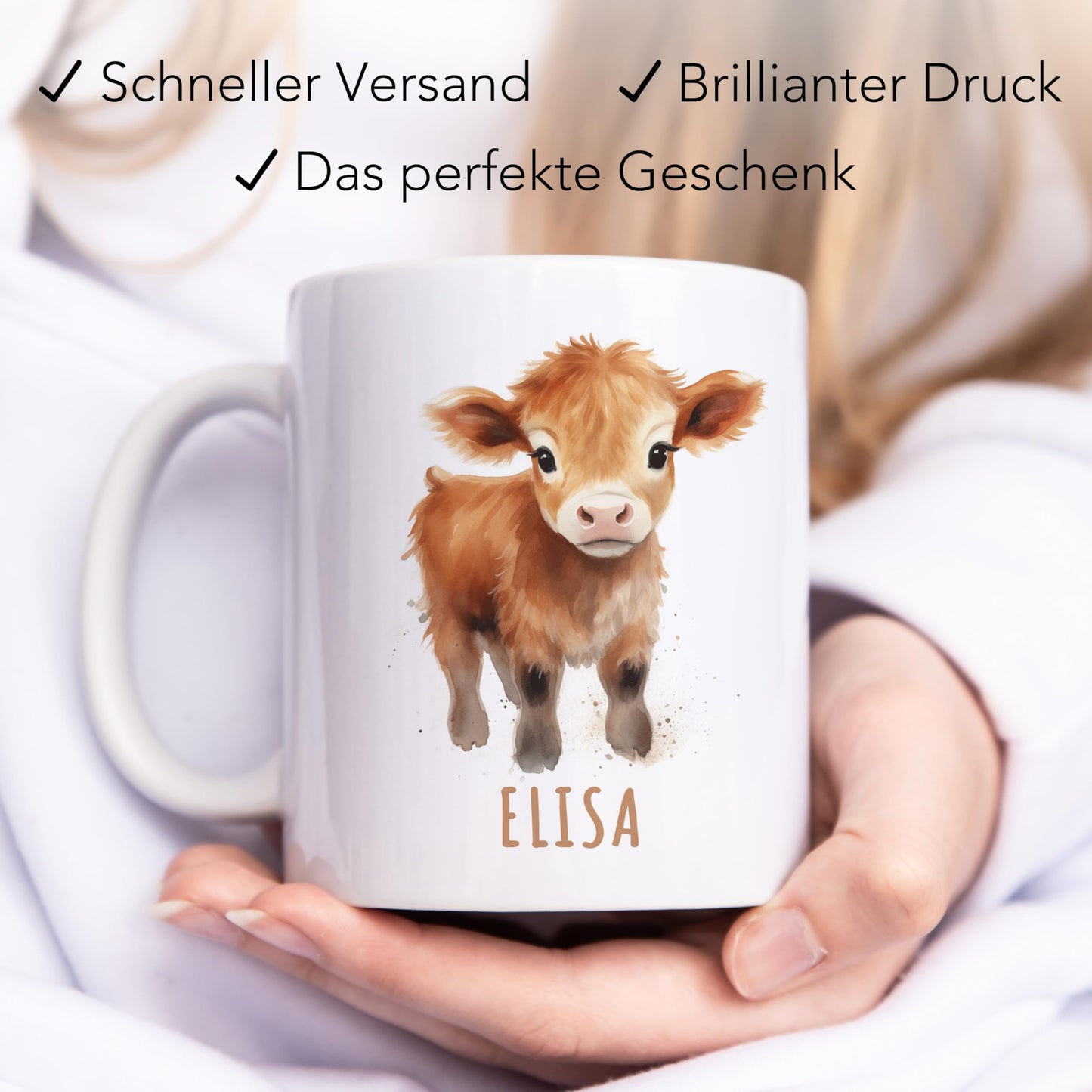 Kuh Tasse personalisierte Kindertasse mit Namen Kuhtasse Namenstasse süßes Kinder Geschenk für Jungen & Mädchen Kaffeetasse Teetasse aus Keramik 330 ml (Kuh)