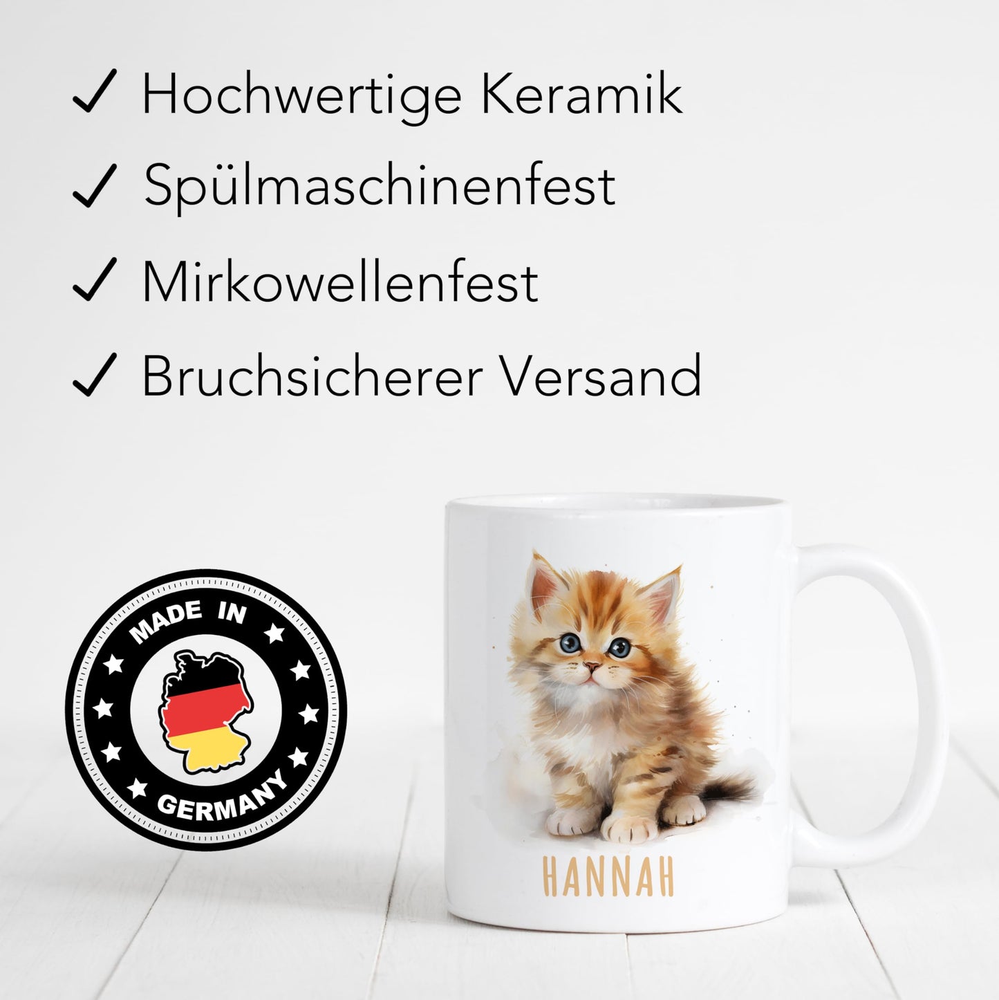 Katze Tasse personalisierte Kindertasse mit Namen Katzentasse Namenstasse süßes Kinder Geschenk für Jungen & Mädchen Kaffeetasse Teetasse aus Keramik 330 ml