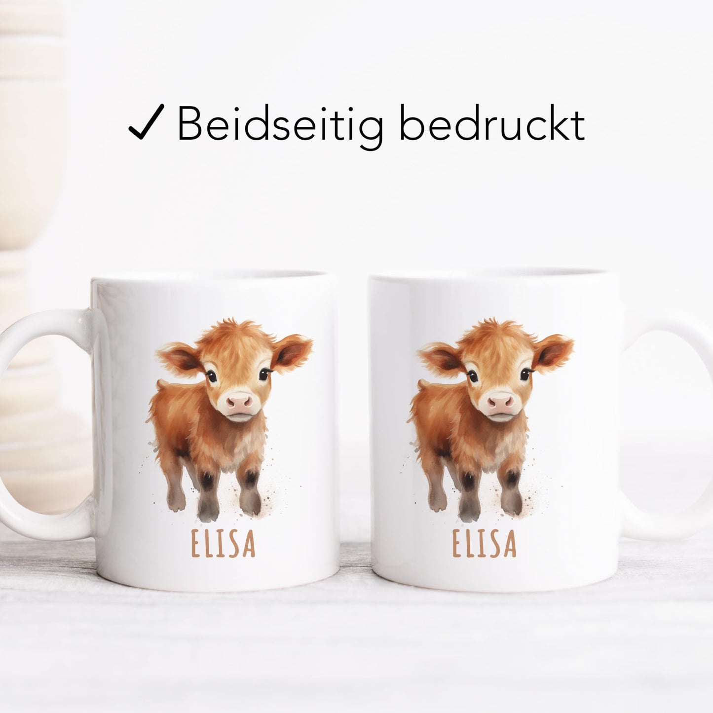 Kuh Tasse personalisierte Kindertasse mit Namen Kuhtasse Namenstasse süßes Kinder Geschenk für Jungen & Mädchen Kaffeetasse Teetasse aus Keramik 330 ml (Kuh)