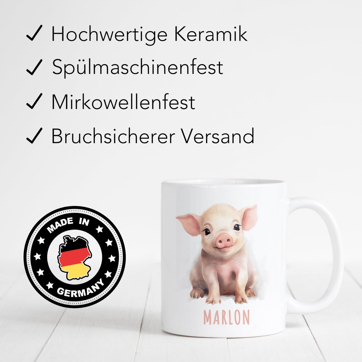 Schwein Tasse personalisierte Kindertasse mit Namen Schweinetasse Namenstasse süßes Kinder Geschenk für Jungen & Mädchen Kaffeetasse Teetasse aus Keramik 330 ml