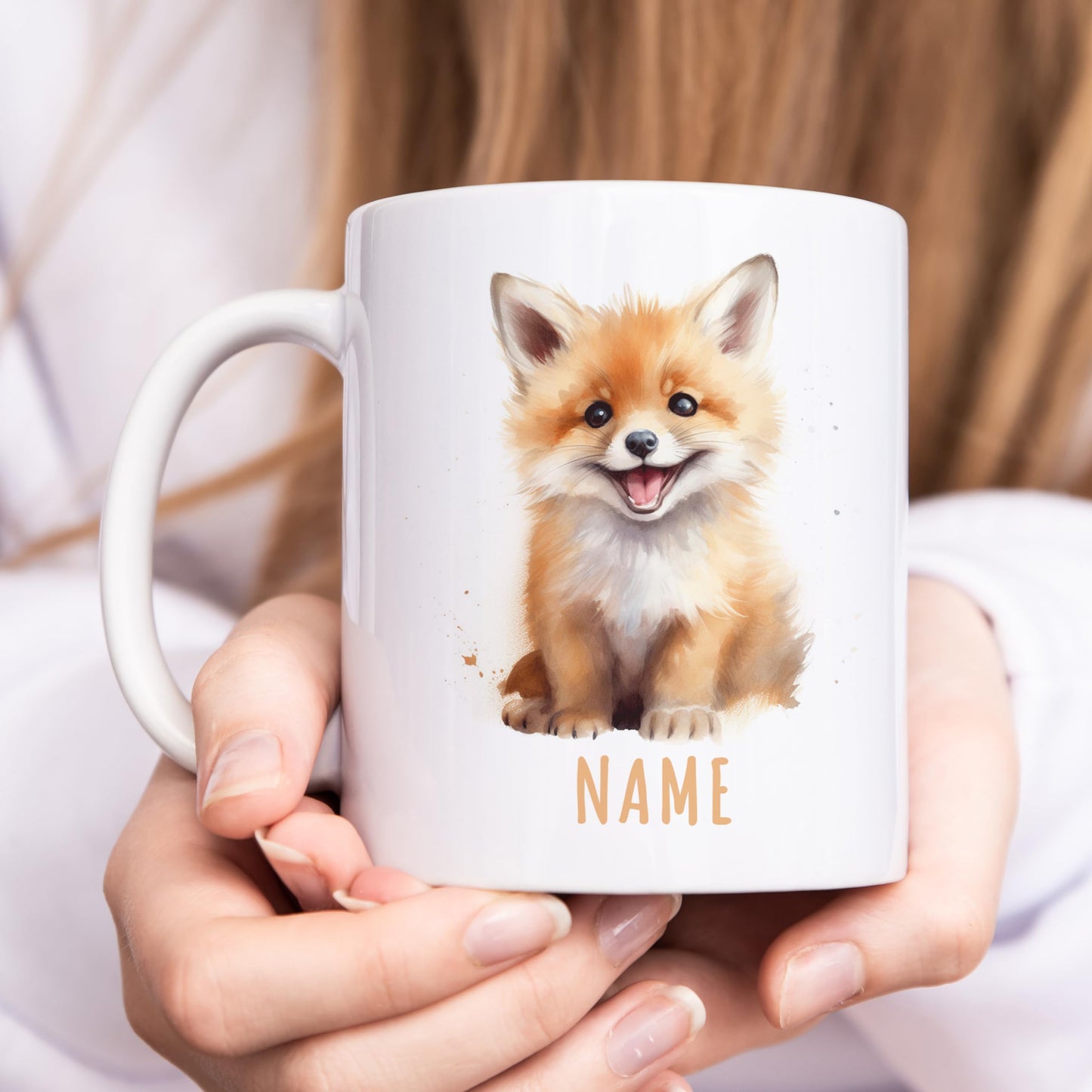 Fuchs Tasse personalisierte Kindertasse mit Namen Fuchstasse Namenstasse süßes Kinder Geschenk für Jungen & Mädchen Kaffeetasse Teetasse aus Keramik 330 ml (Fuchs)