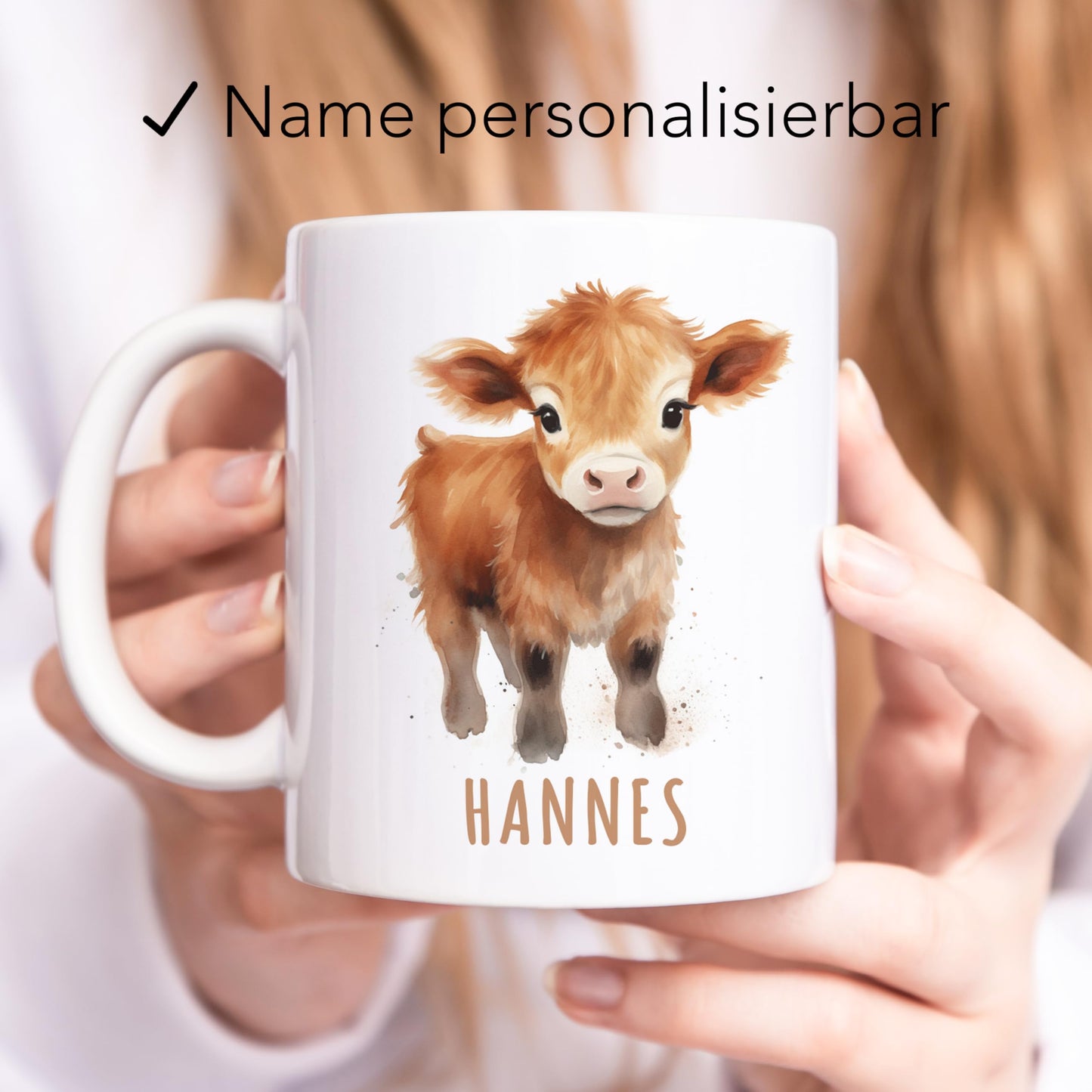 Kuh Tasse personalisierte Kindertasse mit Namen Kuhtasse Namenstasse süßes Kinder Geschenk für Jungen & Mädchen Kaffeetasse Teetasse aus Keramik 330 ml (Kuh)