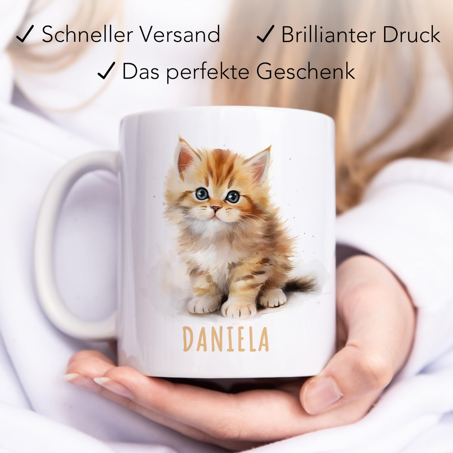 Katze Tasse personalisierte Kindertasse mit Namen Katzentasse Namenstasse süßes Kinder Geschenk für Jungen & Mädchen Kaffeetasse Teetasse aus Keramik 330 ml