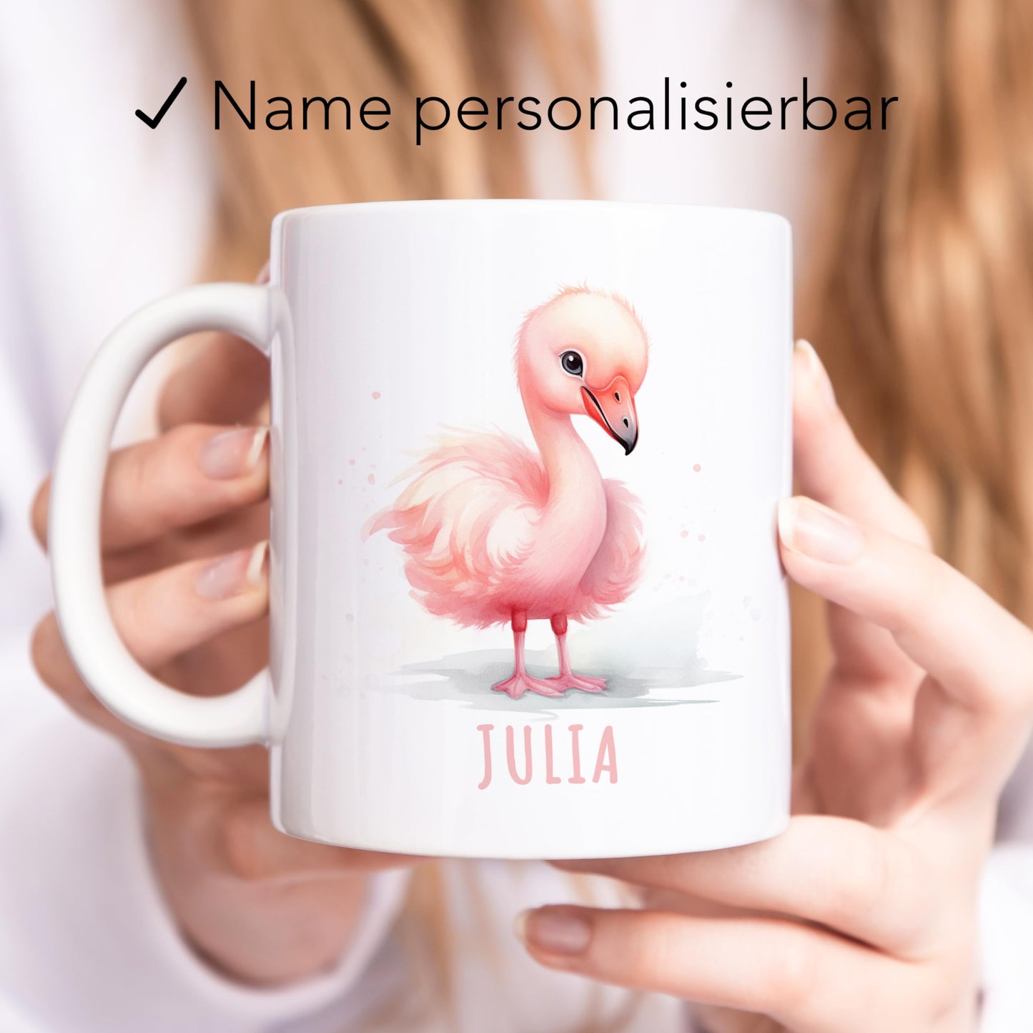 Flamingo Tasse personalisierte Kindertasse mit Namen Flamingotasse Namenstasse süßes Kinder Geschenk für Jungen & Mädchen Kaffeetasse Teetasse aus Keramik 330 ml