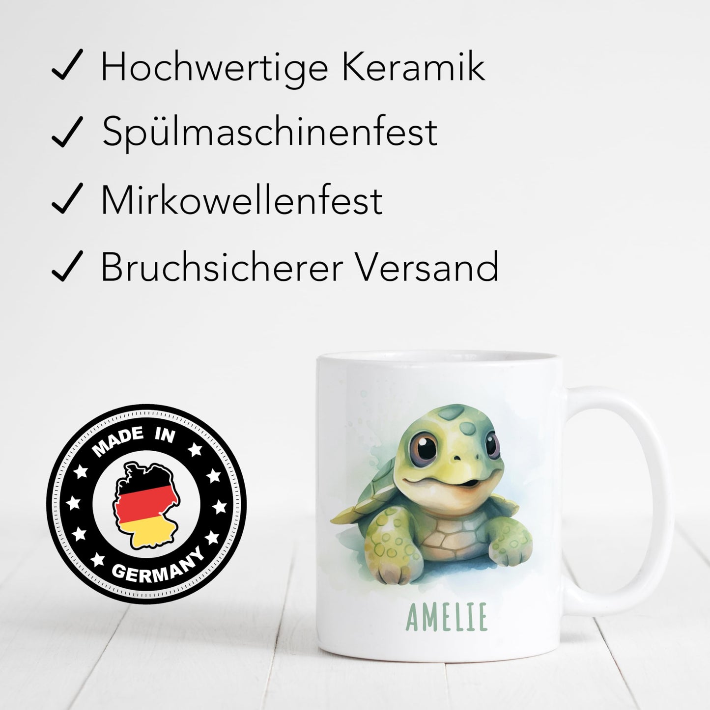 Schildkröte Tasse personalisierte Kindertasse mit Namen Schildkrötentasse Namenstasse süßes Kinder Geschenk für Jungen & Mädchen Kaffeetasse Teetasse aus Keramik 330 ml