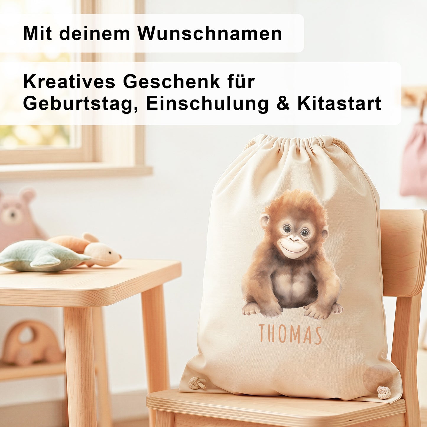 Affe Turnbeutel Kinder personalisierter Sportbeutel für den Kindergarten Stoffbeutel mit Kordelzug