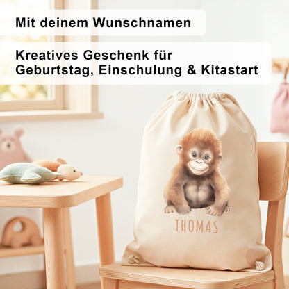 Affe Turnbeutel Kinder personalisierter Sportbeutel für den Kindergarten Stoffbeutel mit Kordelzug