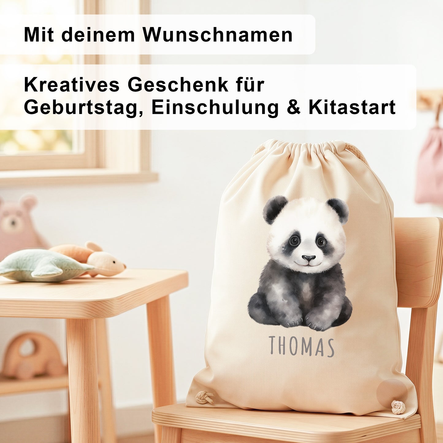 Panda Turnbeutel Kinder personalisierter Sportbeutel für den Kindergarten Stoffbeutel mit Kordelzug