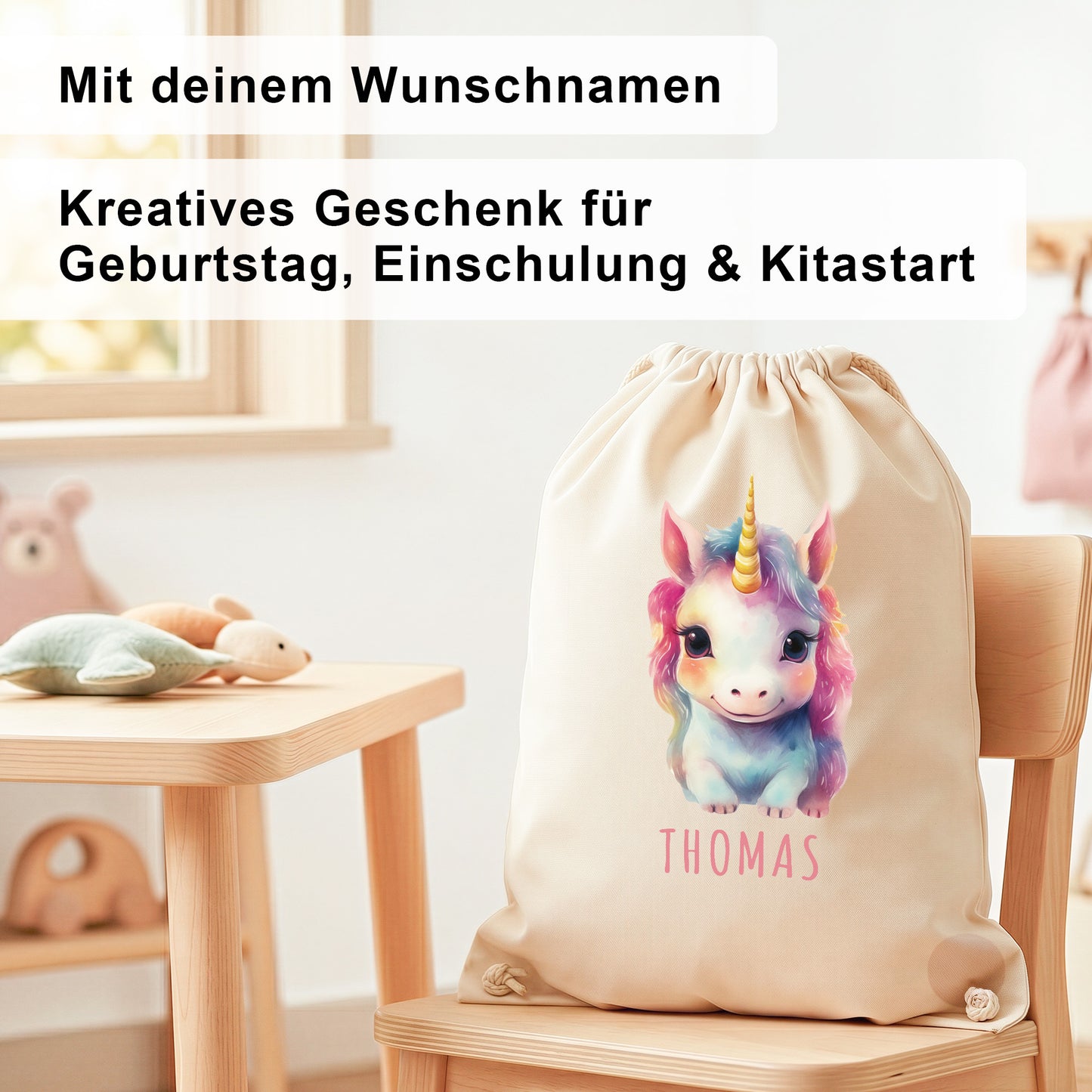Einhorn Turnbeutel Kinder personalisierter Sportbeutel für den Kindergarten Stoffbeutel mit Kordelzug