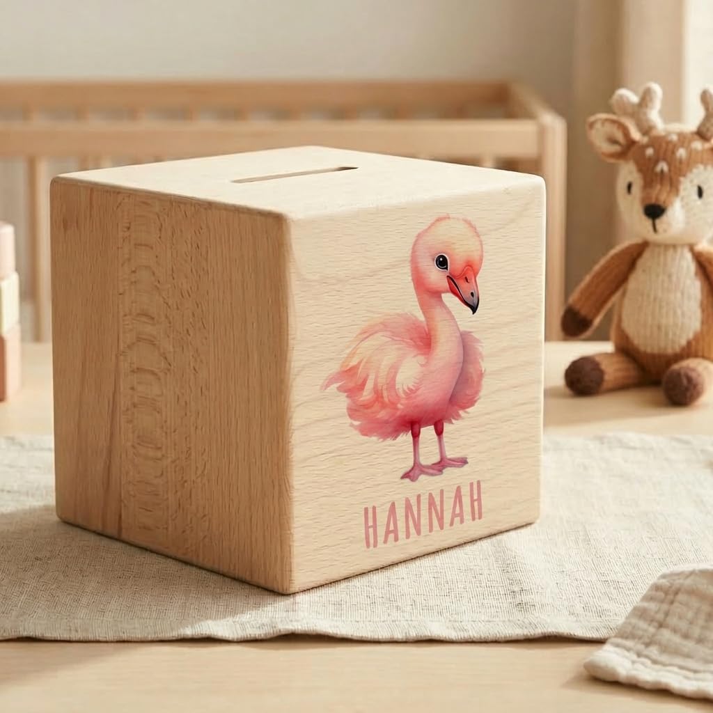 Flamingo Spardose für Kinder personalisiert Sparbox aus Holz Sparschwein mit Schlüssel Taufgeschenk für Jungen und Mädchen