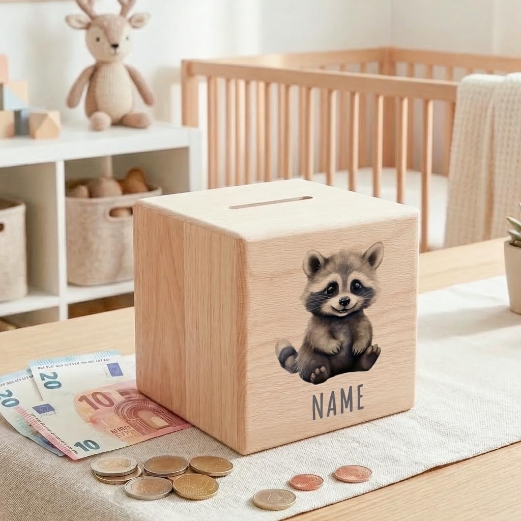 Waschbär Spardose für Kinder personalisiert Sparbox aus Holz Sparschwein mit Schlüssel Taufgeschenk für Jungen und Mädchen