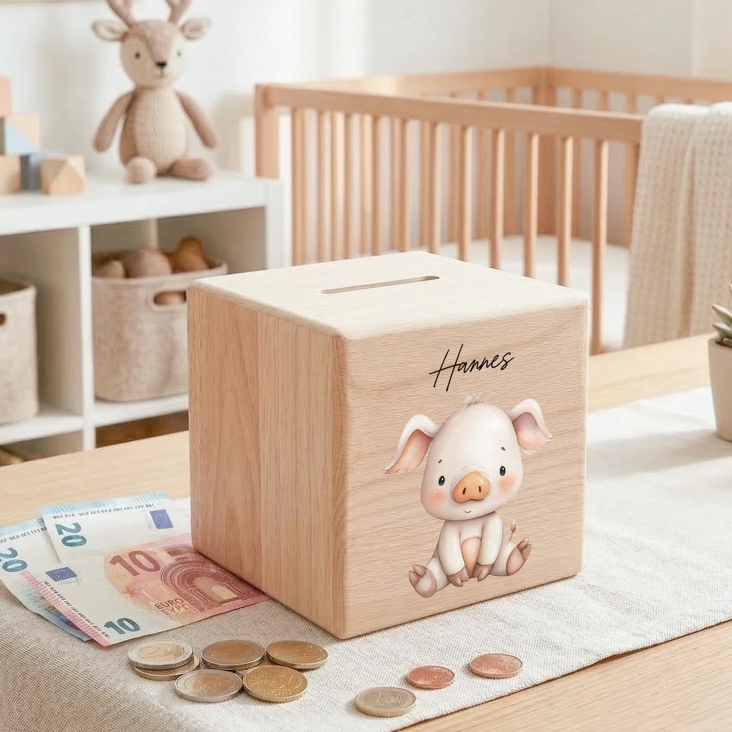 Schwein Spardose für Kinder aus Holz personalisierte Sparbox Holzspardose mit Schlüssel als Geldgeschenk