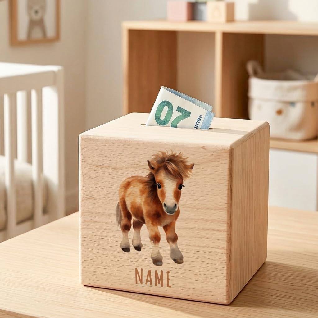 Pferde Spardose für Kinder personalisiert Sparbox aus Holz Sparschwein mit Schlüssel Taufgeschenk für Jungen und Mädchen