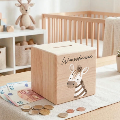 Spardose für Kinder Zebra personalisiert Safari Tiere Sparbox aus Holz Sparschwein mit Schlüssel Taufgeschenk für Jungen & Mädchen