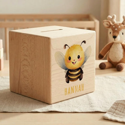 Biene Spardose für Kinder personalisiert Sparbox aus Holz Sparschwein mit Schlüssel Taufgeschenk für Jungen und Mädchen