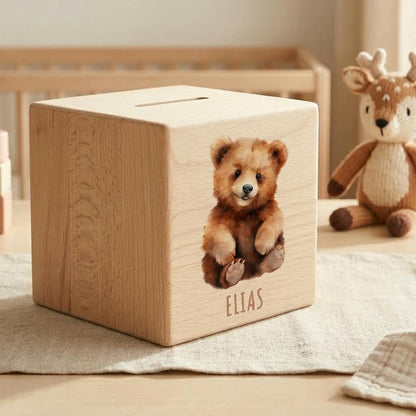 Bär Spardose für Kinder personalisiert Sparbox aus Holz Sparschwein mit Schlüssel Taufgeschenk für Jungen und Mädchen